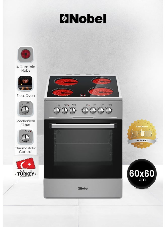 Nobel 60x60cm Vitroceramic Cooking Range 4 Highlight Ceramic Heaters, 70L Electric Oven, 9 Power Levels, Turbo Fan, Mechanical Timer, Double Glass Door, Cooling Fan Free Standing Electric Cooker - NGC60VTI (1 Year Warranty) NGC60VTI silver - Image 2