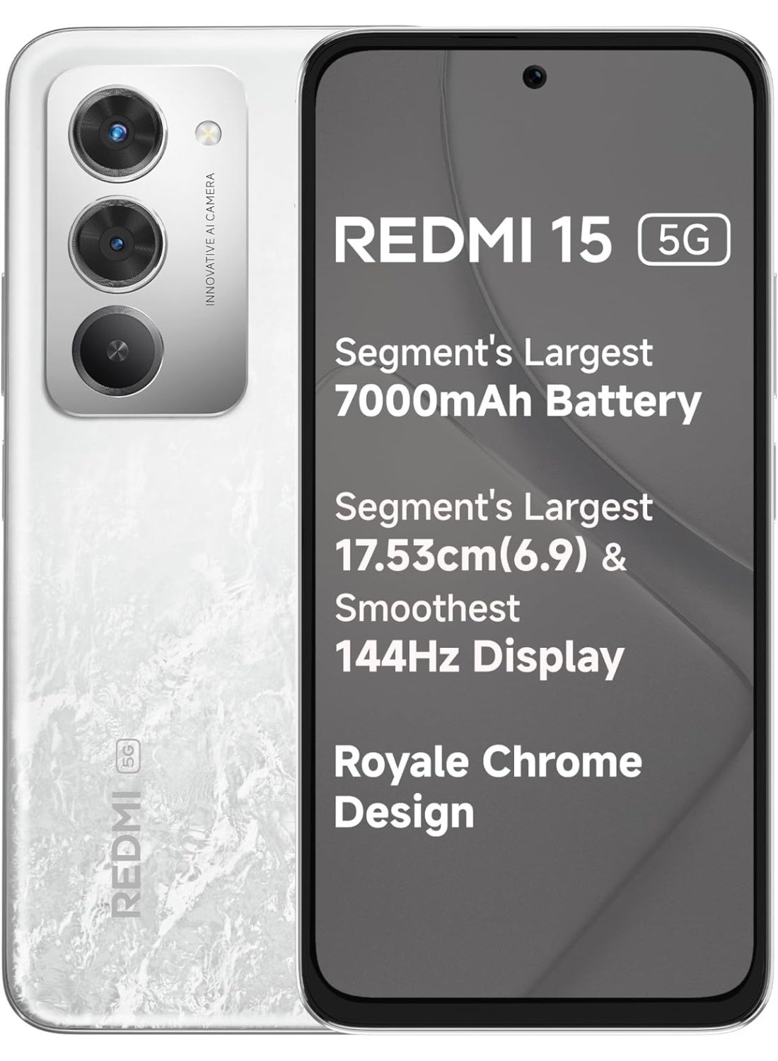 Redmi 15 5G Frosted White 8GB + 256GB | Segment's Largest 7000mAhA Battery | Segment's Largest Display 17.53cm(6.9) Up to 144Hz | Snapdragon 6s Gen 3 | 18W Reverse Charging | 50MP AI Dual Camera - Indian Version