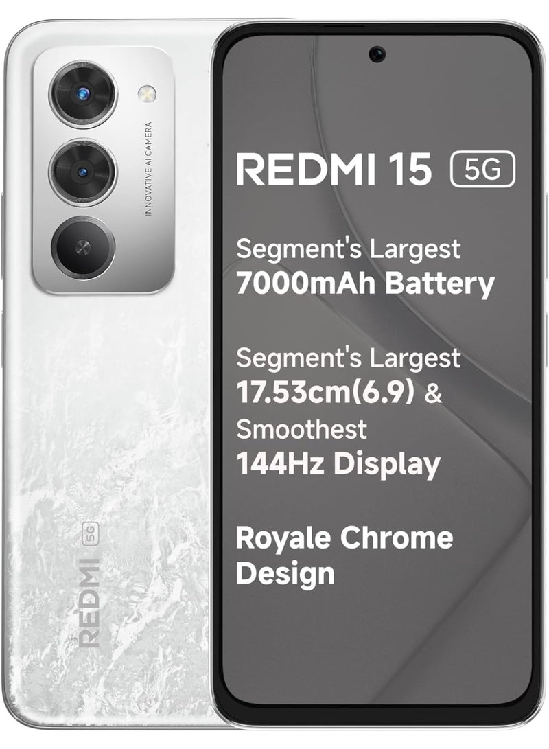 Xiaomi Redmi 15 5G Frosted White 8GB + 256GB | Segment's Largest 7000mAhA Battery | Segment's Largest Display 17.53cm(6.9) Up to 144Hz | Snapdragon 6s Gen 3 | 18W Reverse Charging | 50MP AI Dual Camera - Indian Version - Image 1
