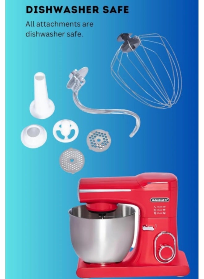 Admiral 3-in-1 Multifunction Stand Mixer, 1800W High-Power Kitchen Machine with 7L Stainless Steel Bowl, Glass Blender Jug, Meat Grinder Attachment, Full Metal Gear System, and 8-Speed Control with Pulse – Red Model Number ADSM7SS15 7 L 1800 W ADSM7SS15 red - Image 4