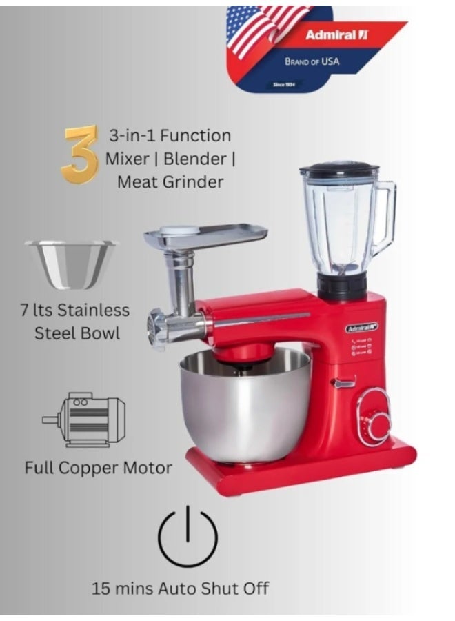 Admiral 3-in-1 Multifunction Stand Mixer, 1800W High-Power Kitchen Machine with 7L Stainless Steel Bowl, Glass Blender Jug, Meat Grinder Attachment, Full Metal Gear System, and 8-Speed Control with Pulse – Red Model Number ADSM7SS15 7 L 1800 W ADSM7SS15 red - Image 2