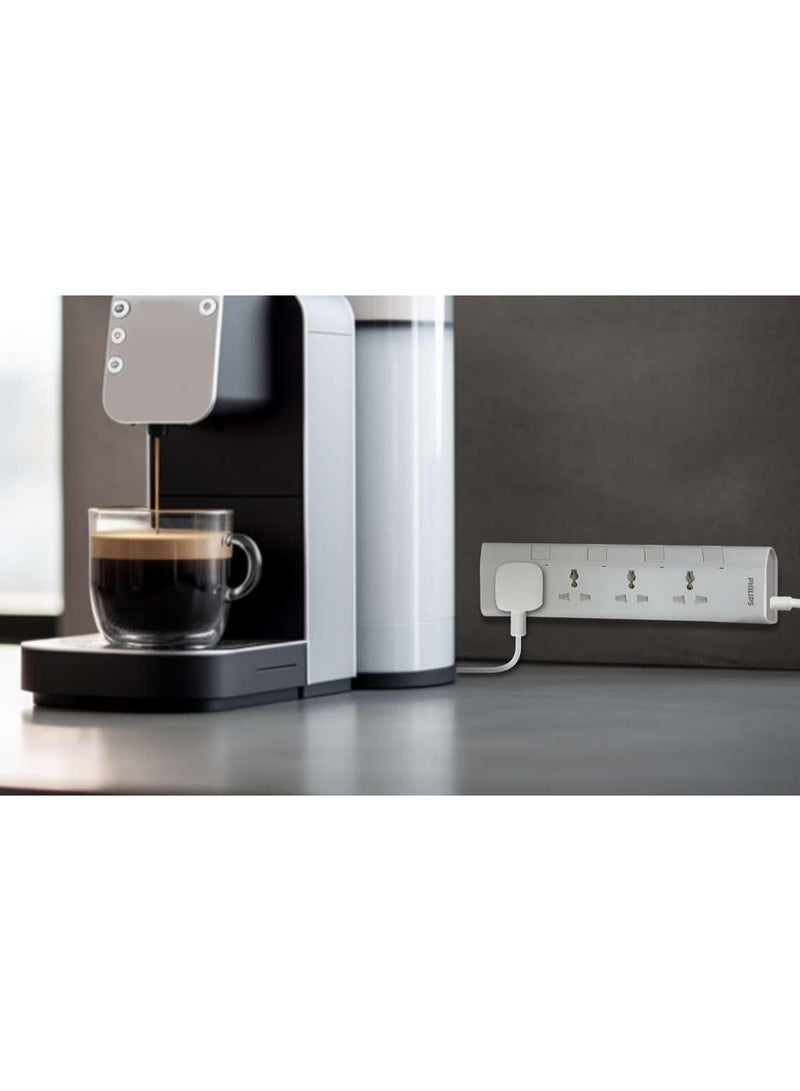 فيليبس شريط الطاقة العالمي من فيليبس بـ 4 مآخذ مع مفاتيح تحكم فردية (3م)، حماية من التحميل الزائد 2500 واط، مقاوم للحريق حتى 750 درجة مئوية، كابل ثقيل 3x1 مم²، فيوز 10 أمبير، معتمد من ESMA، قابس بريطاني - Image 2