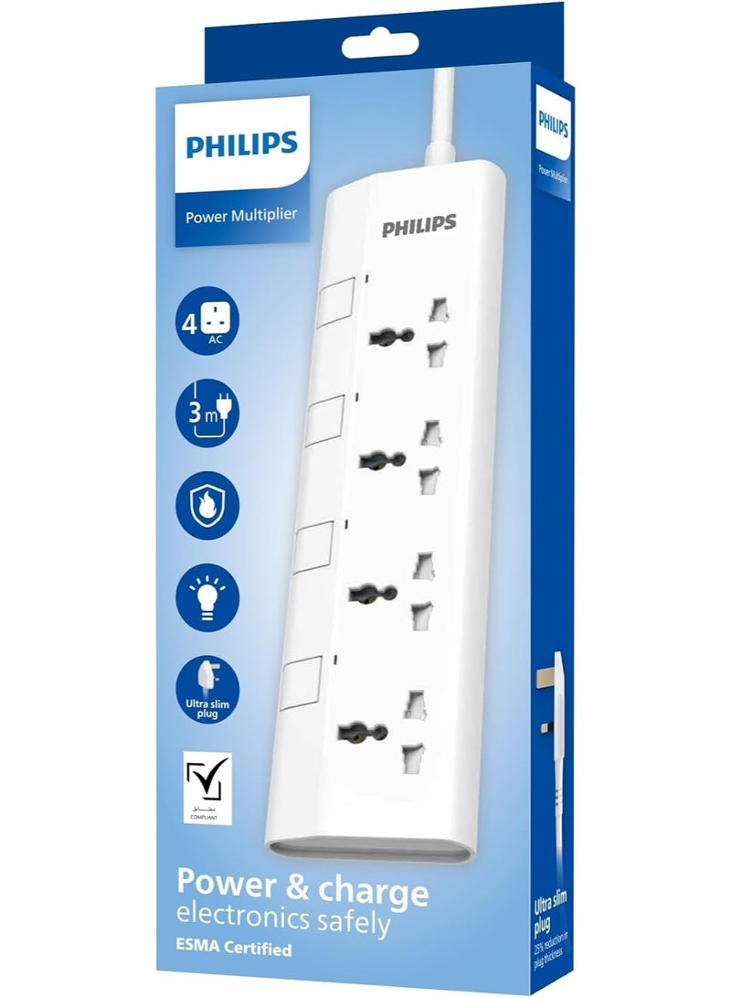 فيليبس شريط الطاقة العالمي من فيليبس بـ 4 مآخذ مع مفاتيح تحكم فردية (3م)، حماية من التحميل الزائد 2500 واط، مقاوم للحريق حتى 750 درجة مئوية، كابل ثقيل 3x1 مم²، فيوز 10 أمبير، معتمد من ESMA، قابس بريطاني - Image 1