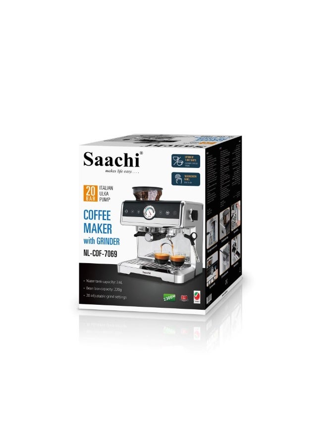 Saachi 20-Bar Espresso Coffee Maker with Built-In Grinder, 2.6L Water Tank, PID Temperature Control & Milk Frothing System 2.6 L 2250 W NL-COF-7069-ST Silver - Image 4