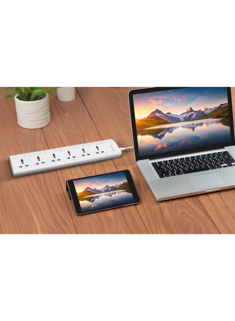 فيليبس سلك تمديد طاقة عالمي من فيليبس 6 طرق مع مفاتيح فردية (3م)، حماية من التحميل الزائد 2500 واط، مقاوم للحريق حتى 750 درجة مئوية، كابل ثقيل 3x1mm²، فيوز 10 أمبير، معتمد من ESMA، قابس بريطاني - Image 5