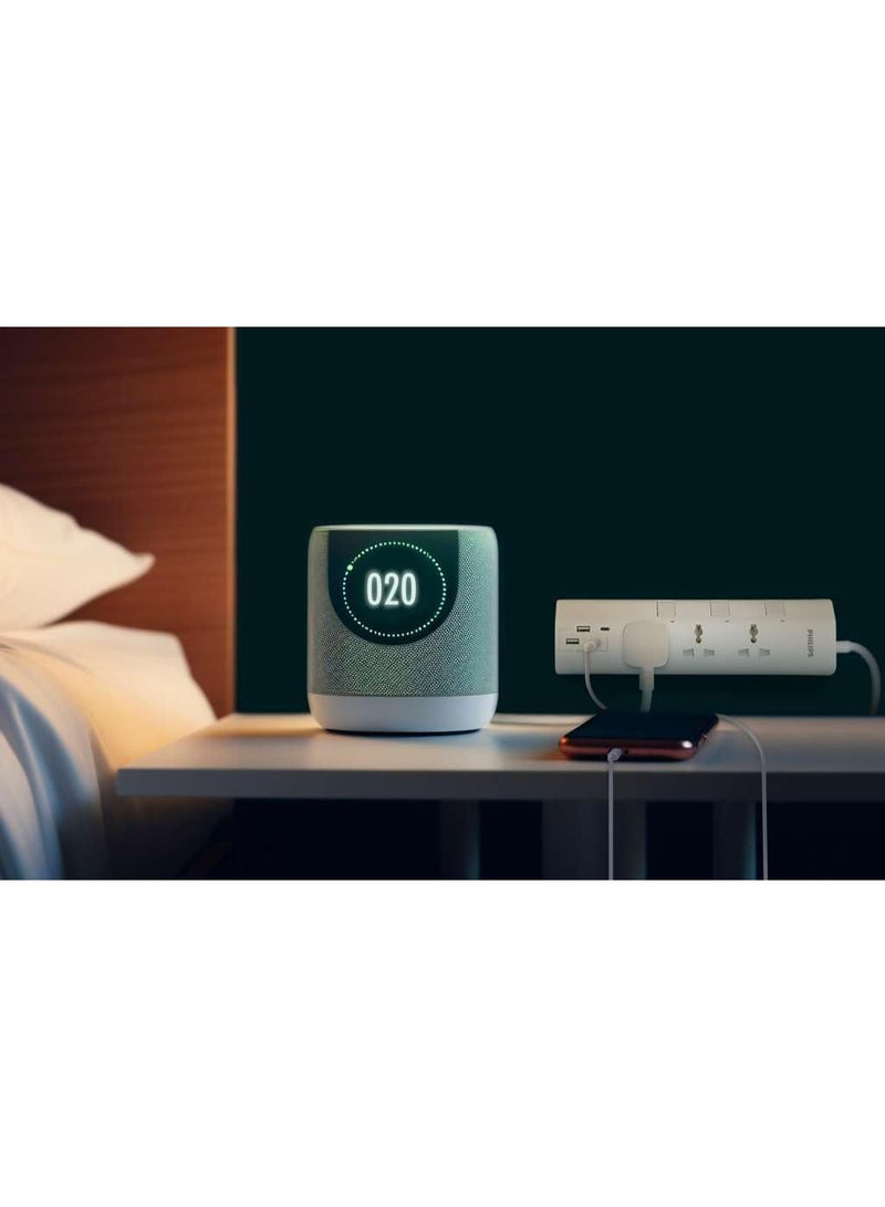 فيليبس كابل تمديد طاقة عالمي 3 طرق مع مفاتيح منفصلة (1.5م)، 4 منافذ USB (2 USB-C، 2 USB-A)، سلك ثقيل 3x1mm²، حماية من الحمل الزائد 2500 واط، فيوز 10 أمبير، معتمد من ESMA، قابس بريطاني - أبيض - Image 3