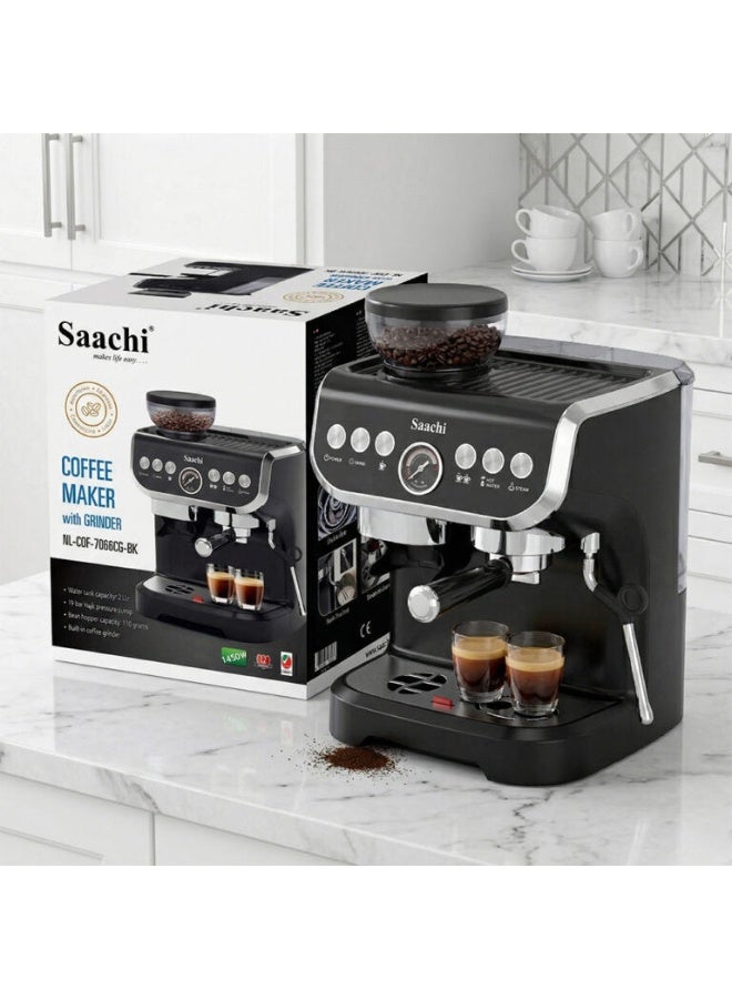 Saachi 19-Bar Espresso Machine with Integrated Conical Burr Grinder, NL-COF-7066CG-BK | Professional Coffee Maker with 2L Water Tank, 1450W, Thermoblock Heating, Pressure Gauge & Steam Wand – Black 2 L 1450 W NL-COF-7066CG-BK Black - Image 2