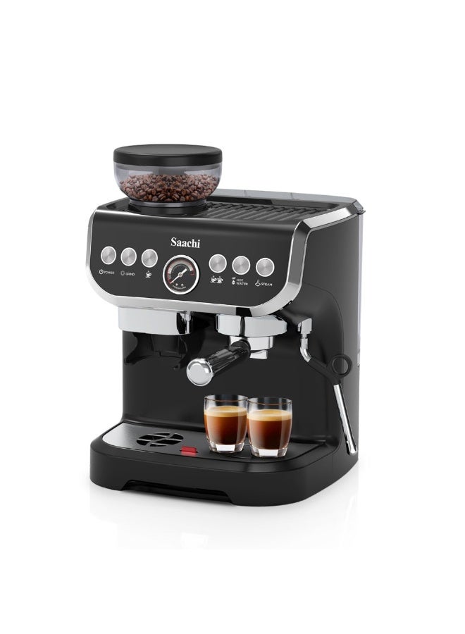 Saachi 19-Bar Espresso Machine with Integrated Conical Burr Grinder, NL-COF-7066CG-BK | Professional Coffee Maker with 2L Water Tank, 1450W, Thermoblock Heating, Pressure Gauge & Steam Wand – Black 2 L 1450 W NL-COF-7066CG-BK Black - Image 1