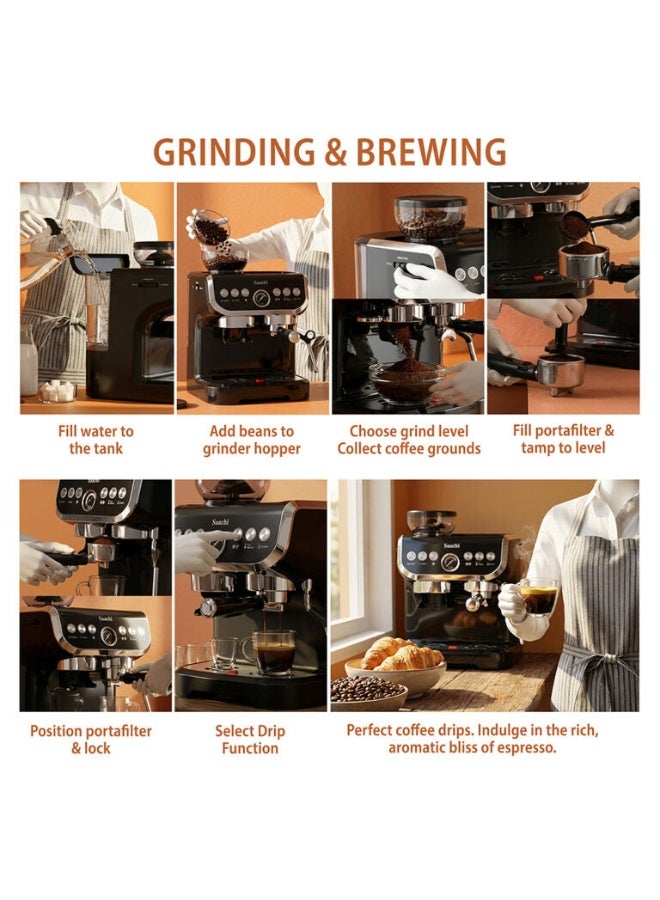Saachi 19-Bar Espresso Machine with Integrated Conical Burr Grinder, NL-COF-7066CG-BK | Professional Coffee Maker with 2L Water Tank, 1450W, Thermoblock Heating, Pressure Gauge & Steam Wand – Black 2 L 1450 W NL-COF-7066CG-BK Black - Image 5