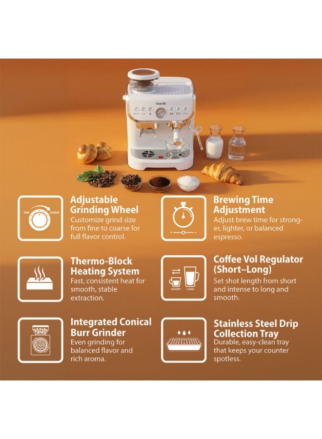 Saachi 19-Bar Coffee Maker NL-COF-7066CG-WH, Built-in Grinder, 2L Water Tank, Espresso, Cappuccino, Latte, Adjustable Grinding & Coffee Volume 2 L 1450 W NL-COF-7066CG-WH White - Image 3