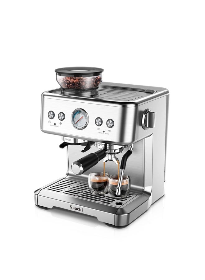ساتشي صانعة قهوة إسبريسو 20 بار مع مطحنة مدمجة، خزان ماء سعة 2.6 لتر، تحكم في درجة الحرارة PID ونظام رغوة الحليب - Image 1