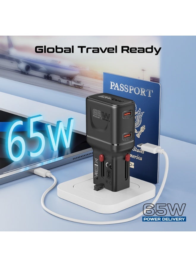 PROMATE 65W GaNFast Travel Charger, Dual USB-C PD with PPS, Compact Multi-Port Adapter with 45W+20W Split Charging, Slide-Out US/UK/EU/AU Plugs, Universal Laptop & Smartphone Fast Charging, TriPlug-65PD Black - Image 4