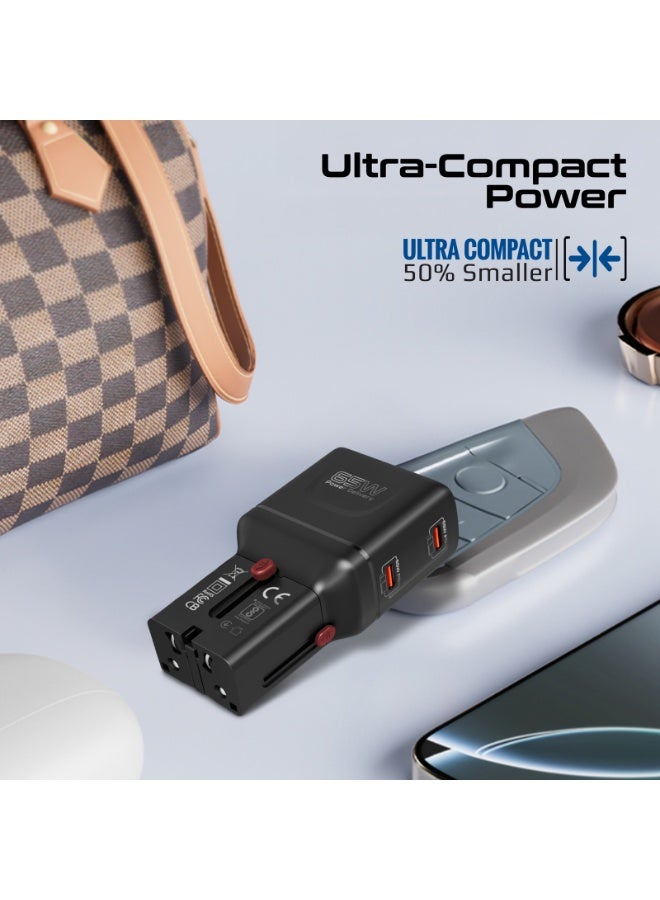 PROMATE 65W GaNFast Travel Charger, Dual USB-C PD with PPS, Compact Multi-Port Adapter with 45W+20W Split Charging, Slide-Out US/UK/EU/AU Plugs, Universal Laptop & Smartphone Fast Charging, TriPlug-65PD Black - Image 2