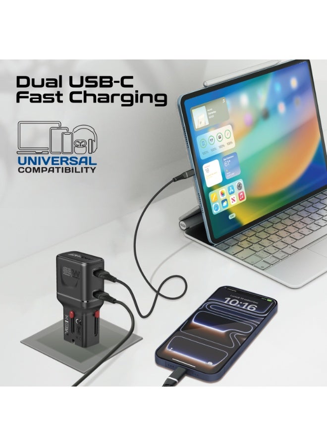 PROMATE 65W GaNFast Travel Charger, Dual USB-C PD with PPS, Compact Multi-Port Adapter with 45W+20W Split Charging, Slide-Out US/UK/EU/AU Plugs, Universal Laptop & Smartphone Fast Charging, TriPlug-65PD Black - Image 3