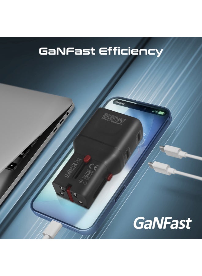 PROMATE 65W GaNFast Travel Charger, Dual USB-C PD with PPS, Compact Multi-Port Adapter with 45W+20W Split Charging, Slide-Out US/UK/EU/AU Plugs, Universal Laptop & Smartphone Fast Charging, TriPlug-65PD Black - Image 5