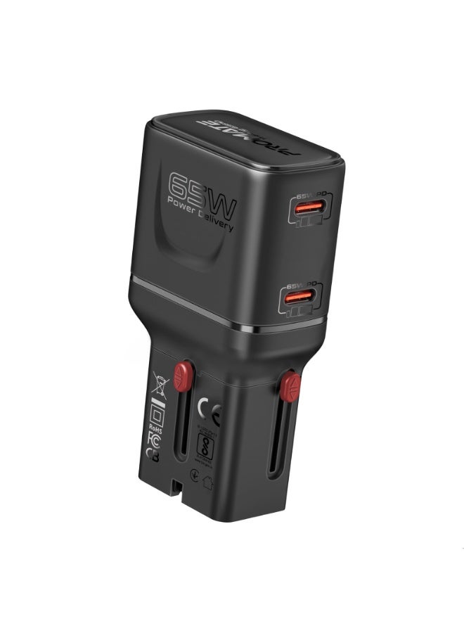 PROMATE 65W GaNFast Travel Charger, Dual USB-C PD with PPS, Compact Multi-Port Adapter with 45W+20W Split Charging, Slide-Out US/UK/EU/AU Plugs, Universal Laptop & Smartphone Fast Charging, TriPlug-65PD Black - Image 1