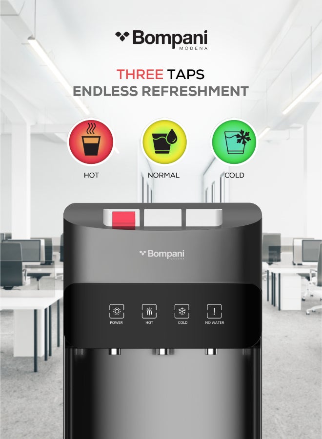 بومباني موزع مياه ساخنة وباردة مع 3 صنابير | قفل للأطفال | تبريد بالكمبريسور | خزان ساخن وبارد ملحوم | أضواء مؤشر | 550 واط تسخين و90 واط تبريد – BWD305 (ضمان سنة واحدة) - Image 3