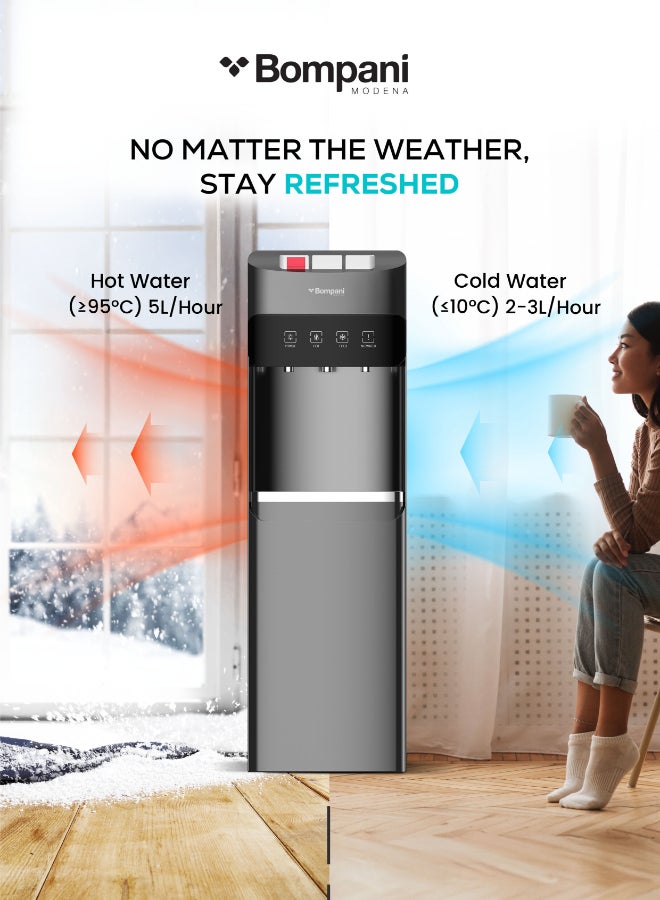 بومباني موزع مياه ساخنة وباردة مع 3 صنابير | قفل للأطفال | تبريد بالكمبريسور | خزان ساخن وبارد ملحوم | أضواء مؤشر | 550 واط تسخين و90 واط تبريد – BWD305 (ضمان سنة واحدة) - Image 4