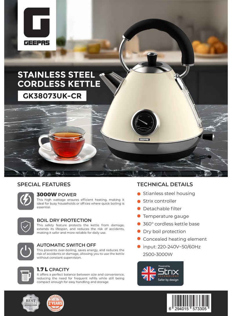 GEEPAS 1.7L Stainless Steel Cordless Kettle – Boil Dry Protection, Auto Switch-Off, Strix Controller, Detachable Filter, Temperature Gauge, 360° Rotational Base, Concealed Heating Element 1.7 L 3000 W GK38073UK-CR Cream - Image 2