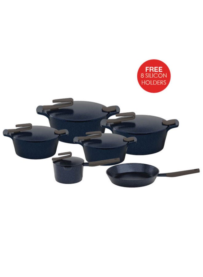 PYREX 11-Piece Granite Cookware Set , Navy Blue Pyrex + Free Pyrex Refrigerator Box Navy Blue (18-22-26-30): 26 Frying Pan, 16 Casserole Dishcm