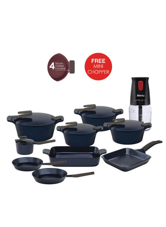 PYREX 18-Piece Granite Cookware Set Artisan Navy Blue + Mienta Cutter As A Gift Navy Blue (20-24-26-30)cm - Image 1