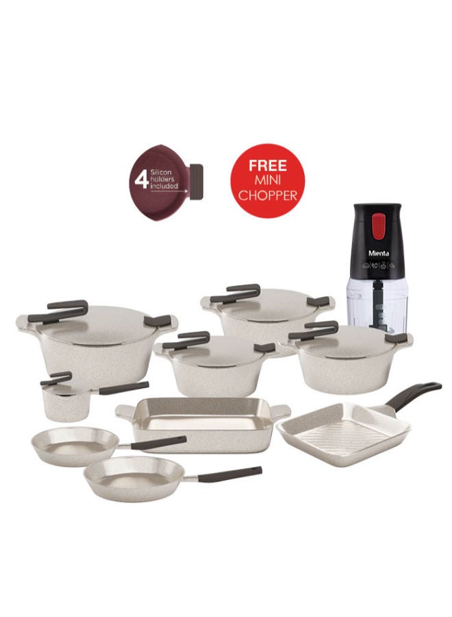 PYREX 18-Piece Granite Cookware Set Artisan  + Mienta Cutter (Gift) Beige Pot (20-24-26-30) Frying Pan(20-24)Oven Dish(31)Sauce Pan(16)Grill28cm - Image 1