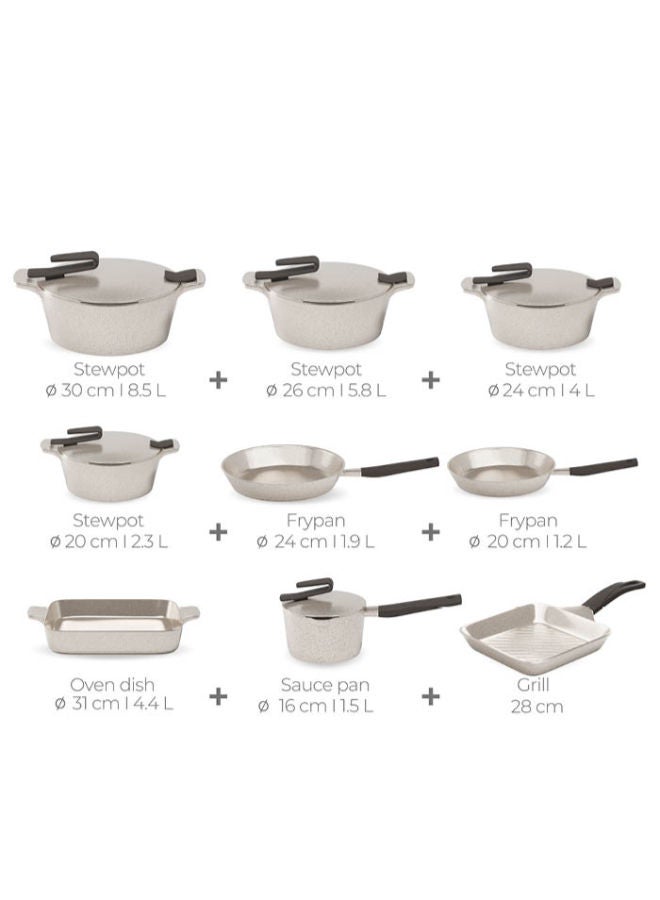 PYREX 18-Piece Granite Cookware Set Artisan  + Mienta Cutter (Gift) Beige Pot (20-24-26-30) Frying Pan(20-24)Oven Dish(31)Sauce Pan(16)Grill28cm - Image 2