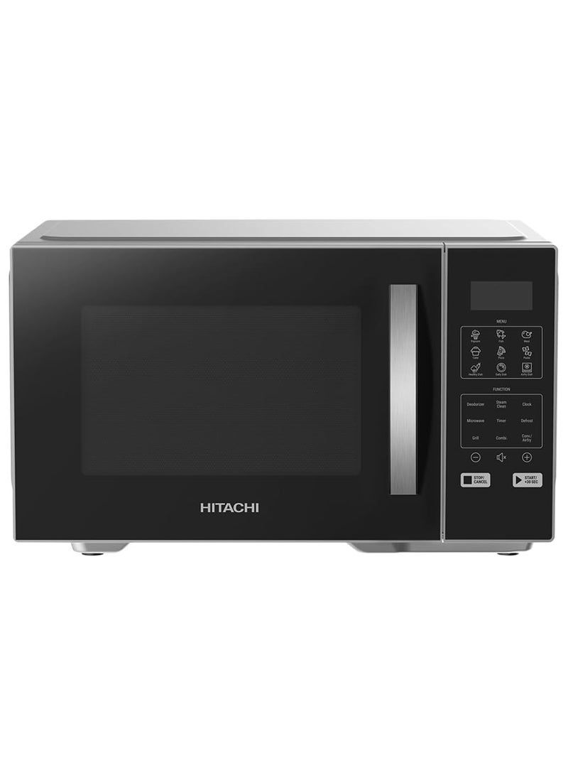 هيتاشي ميكروويف هيتاشي مع قلاية هوائية بتقنية الحمل الحراري 27 لتر، 33 برنامج طهي تلقائي، قلاية هوائية/شواء/خبز/تنظيف بالبخار/إزالة الروائح، تحكم لمسي رقمي LED، فضي وأسود – HMR-DA2713SLBK - Image 1