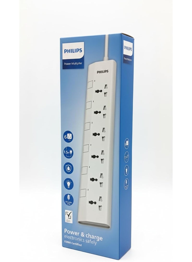 فيليبس 6-Way Universal Power Extension Cord with Individual Switches (1.5M), 2500W Overload Protection, 750°C Fire-Resistant, 3x1mm² Heavy Duty Cable, 10A Fuse, ESMA Certified, UK Plug - White 1.5M- White - Image 1