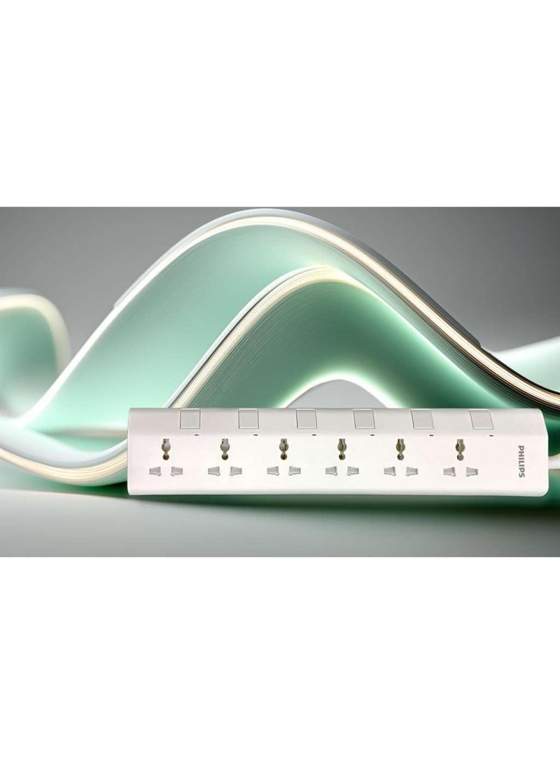 فيليبس 6-Way Universal Power Extension Cord with Individual Switches (1.5M), 2500W Overload Protection, 750°C Fire-Resistant, 3x1mm² Heavy Duty Cable, 10A Fuse, ESMA Certified, UK Plug - White 1.5M- White - Image 4