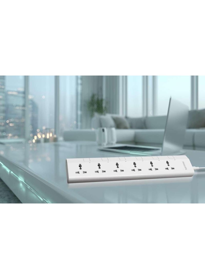 فيليبس 6-Way Universal Power Extension Cord with Individual Switches (1.5M), 2500W Overload Protection, 750°C Fire-Resistant, 3x1mm² Heavy Duty Cable, 10A Fuse, ESMA Certified, UK Plug - White 1.5M- White - Image 2