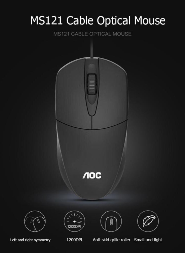 اي او سي MS121 Pro Wired Optical Mouse (1200DPI/Silent Buttons/Durable Cable) Compatible with Laptops And Desktops – Black - Image 3
