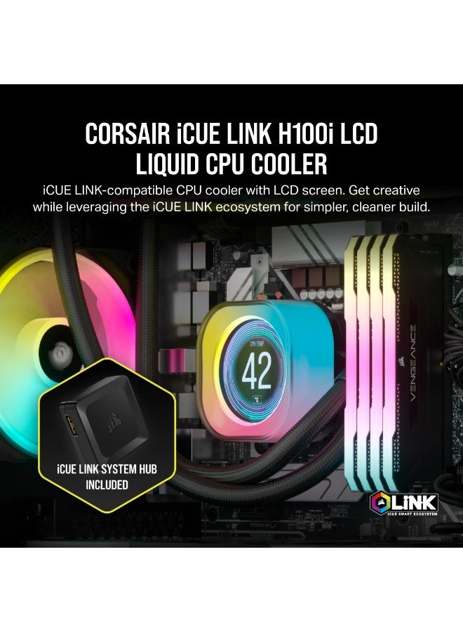 CORSAIR iCUE LINK H100i LCD 240mm AIO Liquid CPU Cooler – 2x QX120 RGB Fans 2400RPM, 2.1” IPS LCD Pump Display, Copper Cold Plate, Zero-RPM Mode, iCUE LINK Hub, Intel & AMD Compatible, Black | CW-9061007-WW - Image 2