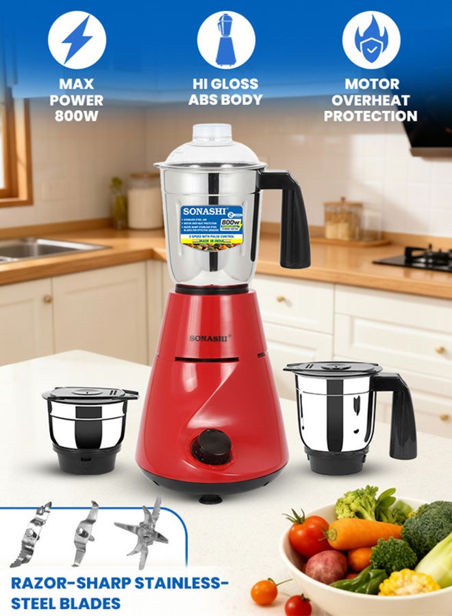 SONASHI 3-in-1 Mixer Grinder with 800W Powerful Motor | 1.0L Liquidizing Jar, 0.8L Dry Grinding Cup & 0.4L Chutney Cup | 3-Speed Control with Pulse Function | Stainless Steel Jars, Polycarbonate Lids & Compact Countertop Design | SB-190N Red 1 L 800 W SB-190N red - Image 5