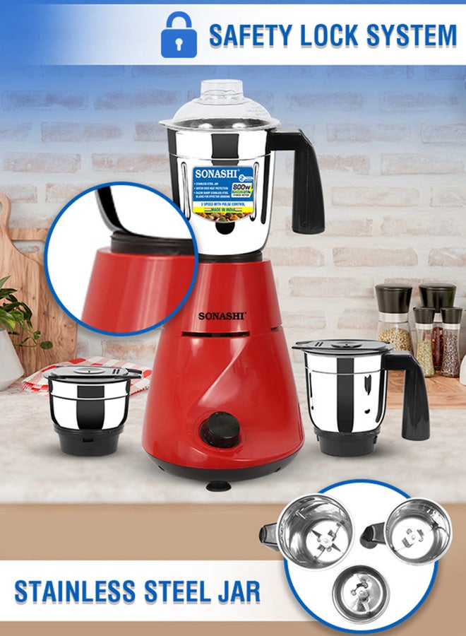 SONASHI 3-in-1 Mixer Grinder with 800W Powerful Motor | 1.0L Liquidizing Jar, 0.8L Dry Grinding Cup & 0.4L Chutney Cup | 3-Speed Control with Pulse Function | Stainless Steel Jars, Polycarbonate Lids & Compact Countertop Design | SB-190N Red 1 L 800 W SB-190N red - Image 2