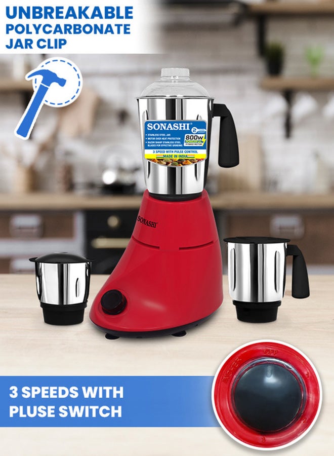 SONASHI 3-in-1 Mixer Grinder with 800W Powerful Motor | 1.0L Liquidizing Jar, 0.8L Dry Grinding Cup & 0.4L Chutney Cup | 3-Speed Control with Pulse Function | Stainless Steel Jars, Polycarbonate Lids & Compact Countertop Design | SB-190N Red 1 L 800 W SB-190N red - Image 3
