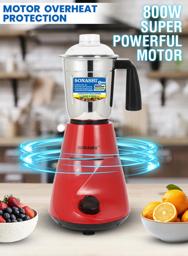 SONASHI 3-in-1 Mixer Grinder with 800W Powerful Motor | 1.0L Liquidizing Jar, 0.8L Dry Grinding Cup & 0.4L Chutney Cup | 3-Speed Control with Pulse Function | Stainless Steel Jars, Polycarbonate Lids & Compact Countertop Design | SB-190N Red 1 L 800 W SB-190N red - Image 4