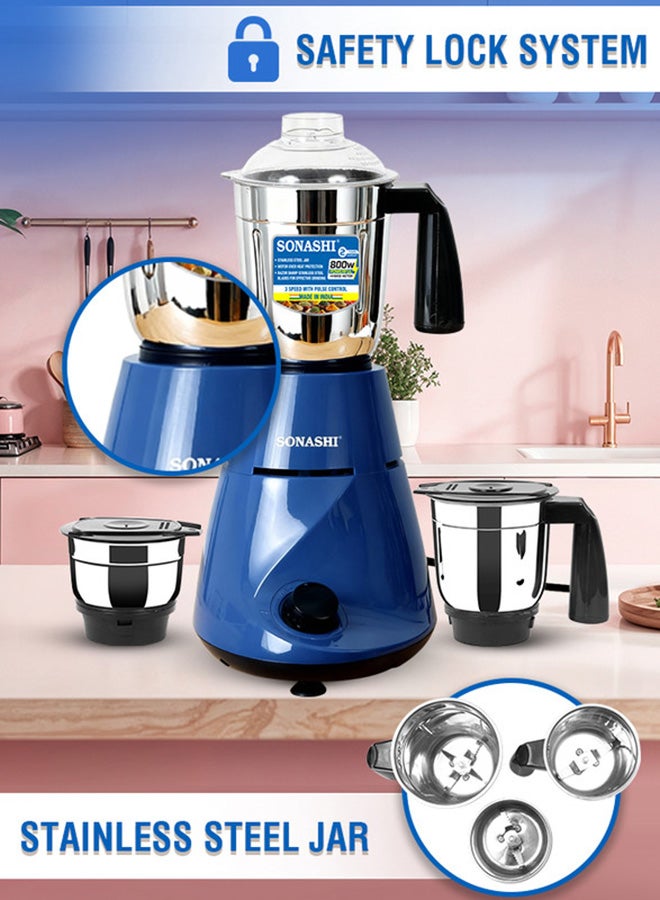 SONASHI 3-in-1 Mixer Grinder with 800W Powerful Motor | 1.0L Liquidizing Jar, 0.8L Dry Grinding Cup & 0.4L Chutney Cup | 3-Speed Control with Pulse Function | Stainless Steel Jars, Polycarbonate Lids & Compact Countertop Design | SB-190N Blue 1 L 800 W SB-190N blue - Image 2