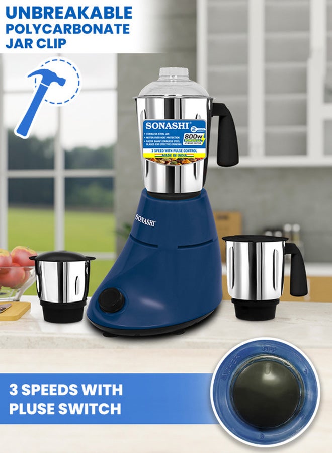 SONASHI 3-in-1 Mixer Grinder with 800W Powerful Motor | 1.0L Liquidizing Jar, 0.8L Dry Grinding Cup & 0.4L Chutney Cup | 3-Speed Control with Pulse Function | Stainless Steel Jars, Polycarbonate Lids & Compact Countertop Design | SB-190N Blue 1 L 800 W SB-190N blue - Image 3