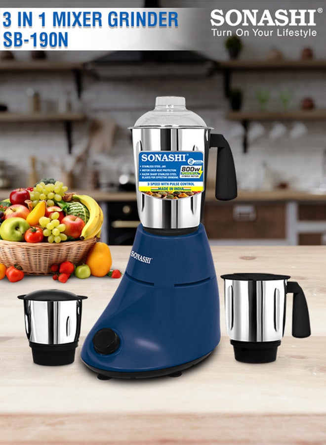 SONASHI 3-in-1 Mixer Grinder with 800W Powerful Motor | 1.0L Liquidizing Jar, 0.8L Dry Grinding Cup & 0.4L Chutney Cup | 3-Speed Control with Pulse Function | Stainless Steel Jars, Polycarbonate Lids & Compact Countertop Design | SB-190N Blue 1 L 800 W SB-190N blue - Image 1
