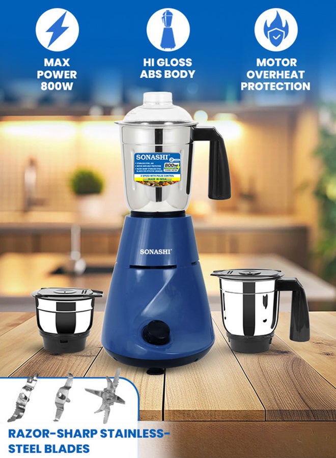 SONASHI 3-in-1 Mixer Grinder with 800W Powerful Motor | 1.0L Liquidizing Jar, 0.8L Dry Grinding Cup & 0.4L Chutney Cup | 3-Speed Control with Pulse Function | Stainless Steel Jars, Polycarbonate Lids & Compact Countertop Design | SB-190N Blue 1 L 800 W SB-190N blue - Image 5