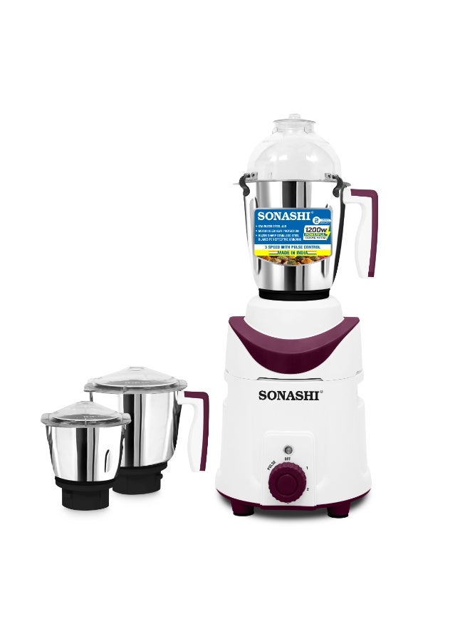 SONASHI 3-in-1 Mixer Grinder with Powerful 1200W Copper Motor | 1.8L Liquidizing Jar, 1.0L Dry Grinding Cup & 0.4L Chutney Cup | 3-Speed Control with Pulse Function | Stainless Steel Jars, Polycarbonate Lids & Heavy-Duty Kitchen Performance | SB-214 White 1.8 L 1200 W SB-214 white - Image 1
