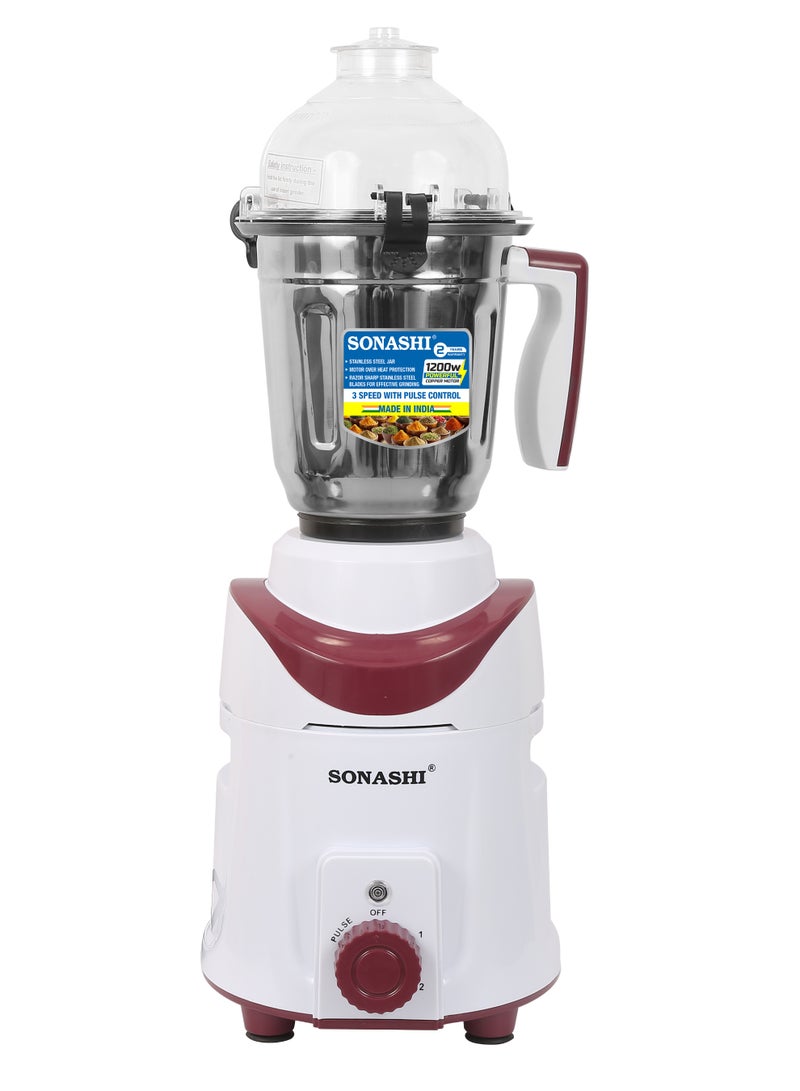 SONASHI 3-in-1 Mixer Grinder with Powerful 1200W Copper Motor | 1.8L Liquidizing Jar, 1.0L Dry Grinding Cup & 0.4L Chutney Cup | 3-Speed Control with Pulse Function | Stainless Steel Jars, Polycarbonate Lids & Heavy-Duty Kitchen Performance | SB-214 White 1.8 L 1200 W SB-214 white - Image 2