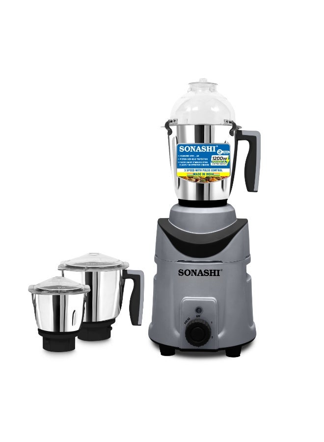 SONASHI 3-in-1 Mixer Grinder with Powerful 1200W Copper Motor | 1.8L Liquidizing Jar, 1.0L Dry Grinding Cup & 0.4L Chutney Cup | 3-Speed Control with Pulse Function | Stainless Steel Jars, Polycarbonate Lids & Heavy-Duty Kitchen Performance | SB-214 Grey 1.8 L 1200 W SB-214 grey - Image 1