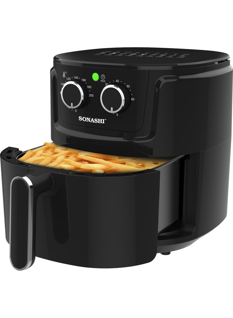 SONASHI 5.2L Air Fryer with 1500W Power | Non-Stick Pan |60-Min Timer & 80–200°C Temperature Control | Rapid 360° Air Circulation | Overheat Protection & Dual-Knob Operation | SAF-520 5.2 L 1500 W SAF-520 black - Image 1