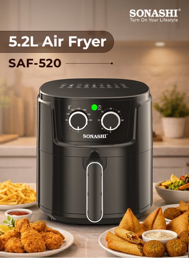 SONASHI 5.2L Air Fryer with 1500W Power | Non-Stick Pan |60-Min Timer & 80–200°C Temperature Control | Rapid 360° Air Circulation | Overheat Protection & Dual-Knob Operation | SAF-520 5.2 L 1500 W SAF-520 black - Image 1
