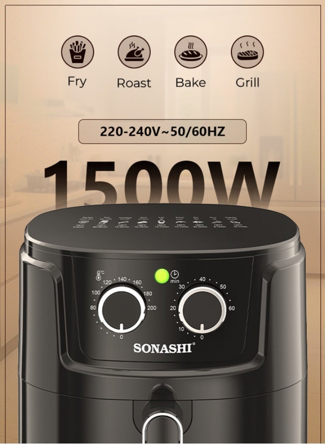 SONASHI 5.2L Air Fryer with 1500W Power | Non-Stick Pan |60-Min Timer & 80–200°C Temperature Control | Rapid 360° Air Circulation | Overheat Protection & Dual-Knob Operation | SAF-520 5.2 L 1500 W SAF-520 black - Image 5