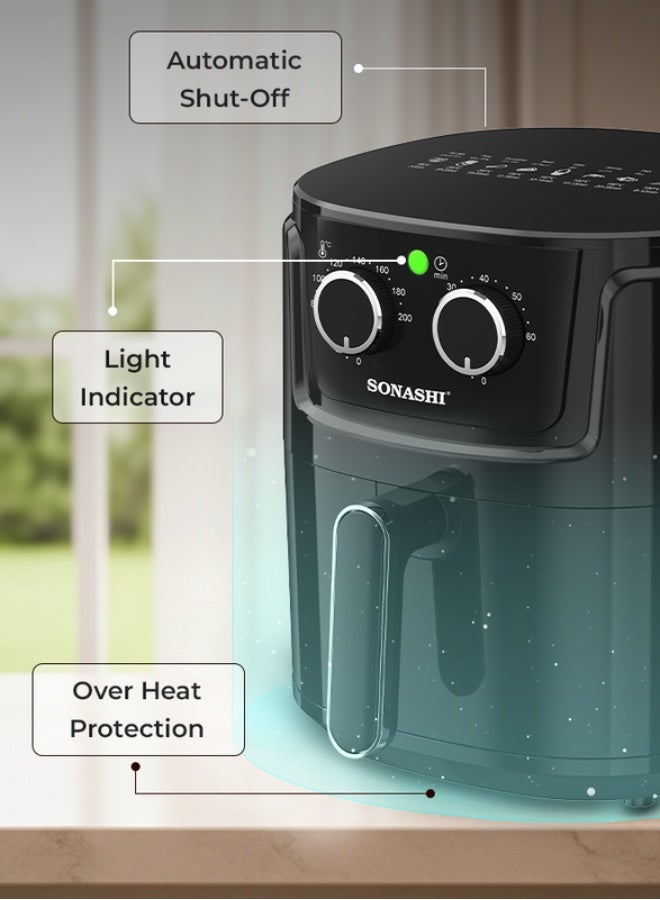 SONASHI 5.2L Air Fryer with 1500W Power | Non-Stick Pan |60-Min Timer & 80–200°C Temperature Control | Rapid 360° Air Circulation | Overheat Protection & Dual-Knob Operation | SAF-520 5.2 L 1500 W SAF-520 black - Image 3