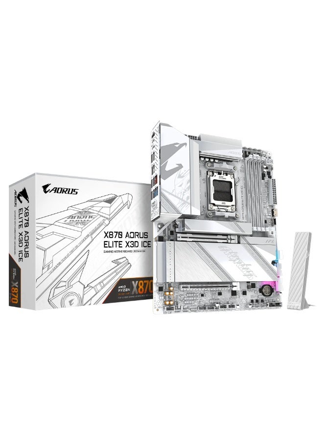 GIGABYTE X870 AORUS ELITE X3D ICE AM5 ATX Motherboard – Socket AM5, AMD X870E Chipset, 4× DDR5 DIMM, 4× M.2 Slots, PCIe 5.0 x16, Wi-Fi 7 + 5GbE LAN, Dual USB4 Type-C 40Gb/s + USB 3.2, HDMI, 7.1 & Realtek ALC1220 Audio, AI-driven X3D Turbo Mode 2.0, Advanced Thermal Armor & M.2 EZ-Flex Cooling, Dual-Channel DDR5, ATX Form Factor - Image 1