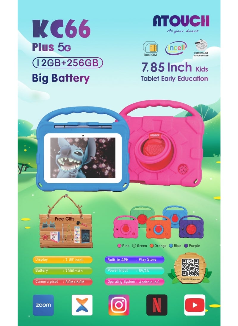 ATOUCH 7.85-inch Incell Screen Kids Smart Early Education Android Tablet KC66 Plus 12GB RAM 256GB ROM Dual Sim 5G Network EVA Case with 360° Stand And Writing LCD - Pink - Image 4
